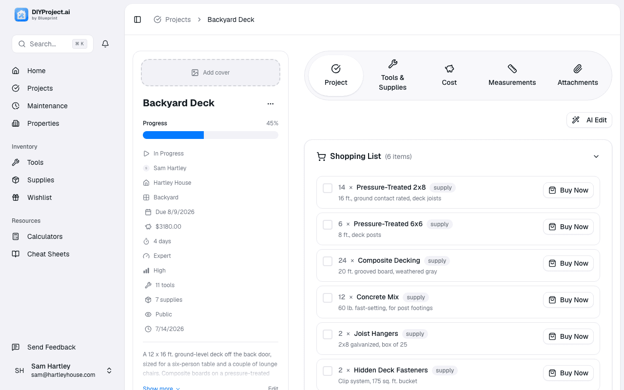 An AI-generated project plan and shopping list for a backyard deck