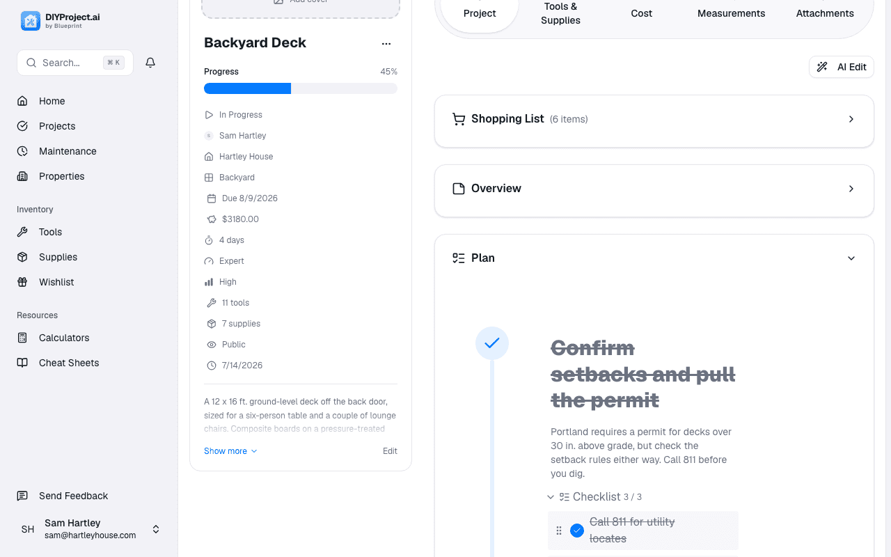 Project steps with checklists, safety notes, and building code call-outs