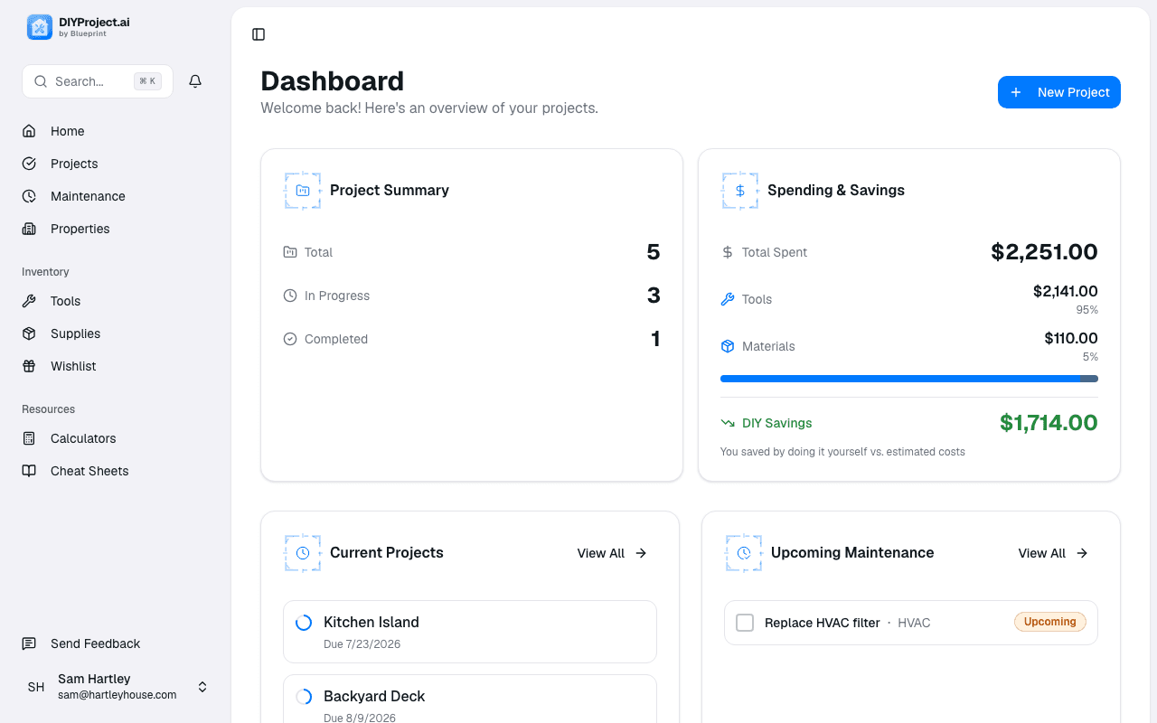 The dashboard, showing project summary, spending, and upcoming maintenance